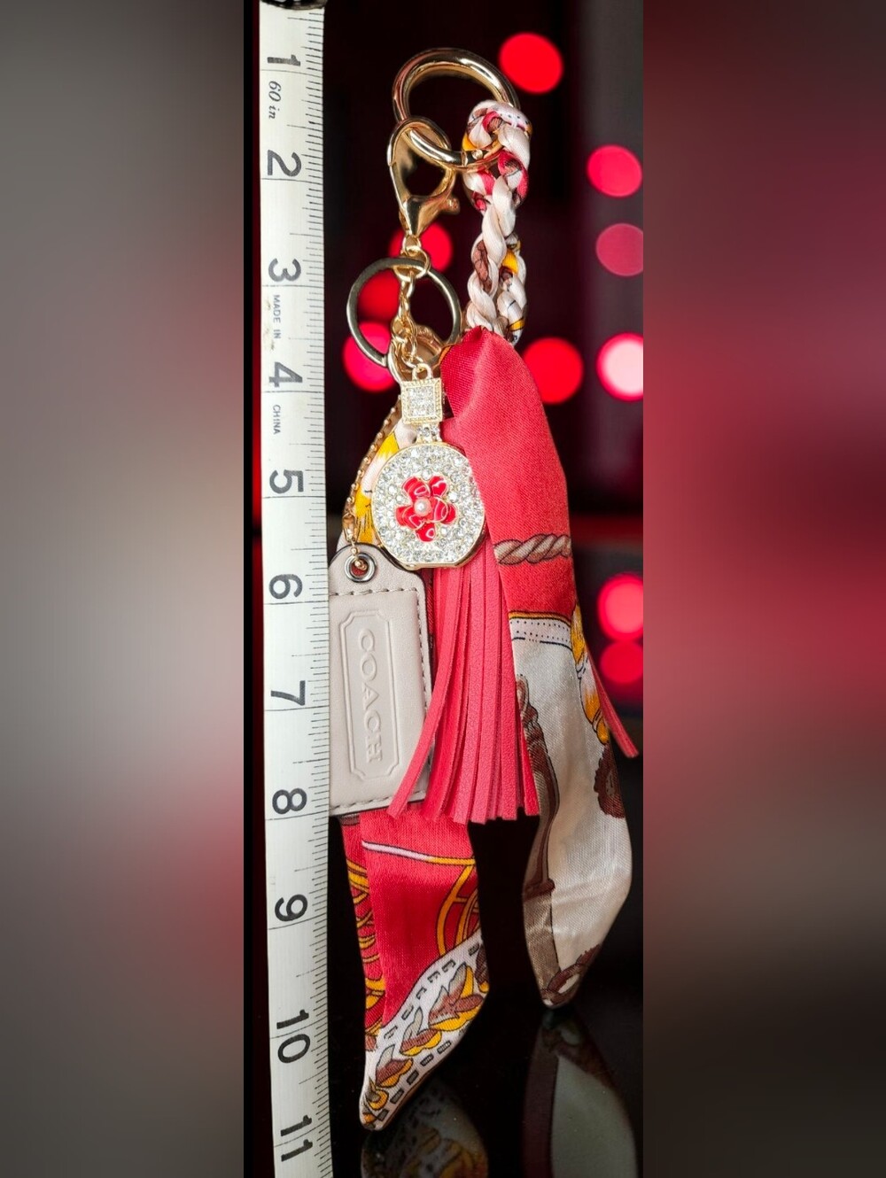 Coach Red Silk Scarf and Tassel Keychain Charm NWOT - Picture 12 of 12